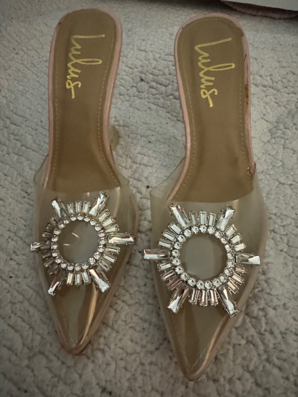 Lulu's Nude Clear Pointed-Toe Mules with Crystal Sunburst